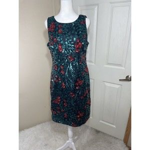 Womens Chetta B Sequin Green Red Dress Sequin Floral Christmas Sz 8